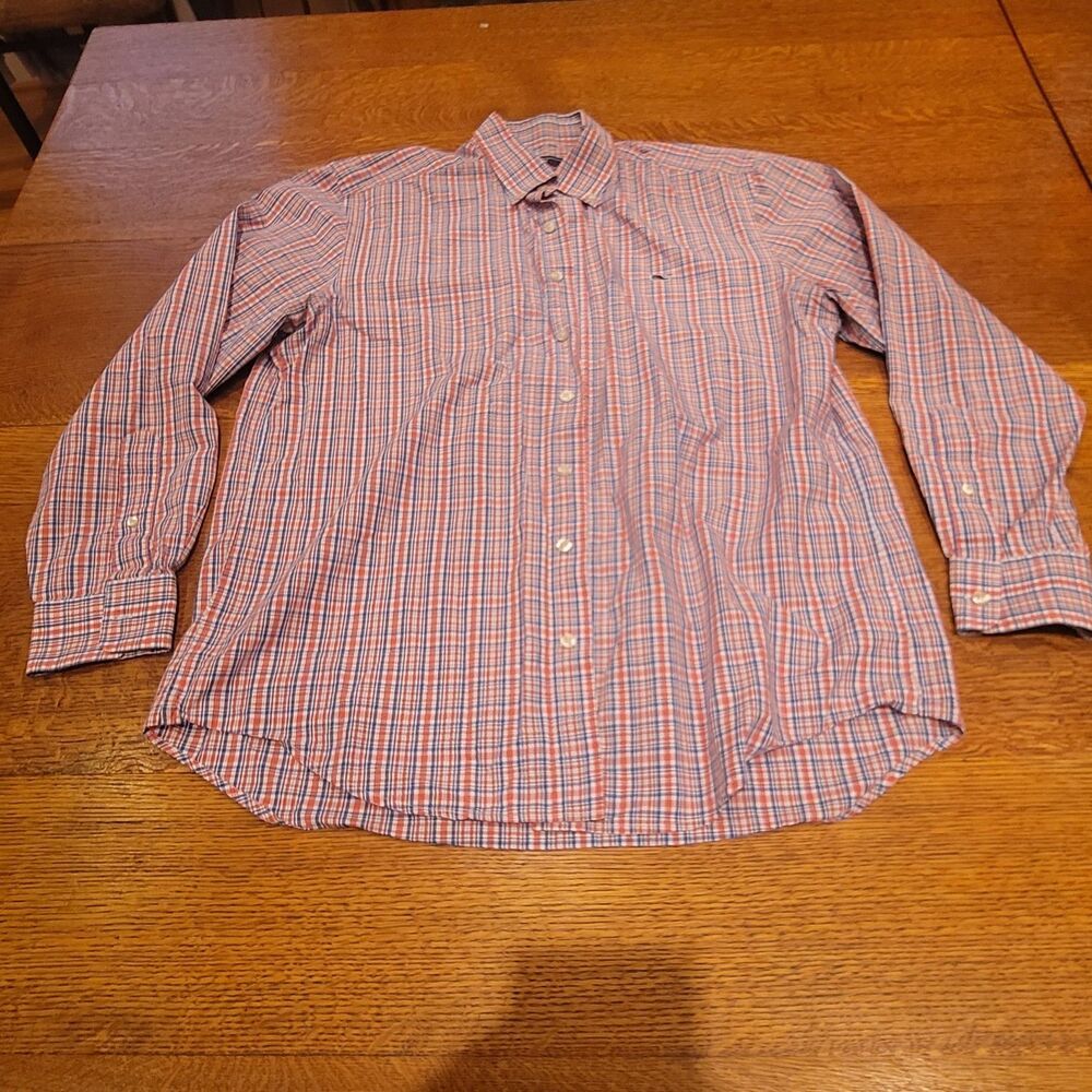 vineyard vines slim fit whale shirt Large Red Blue White Plaid 100% Cotton